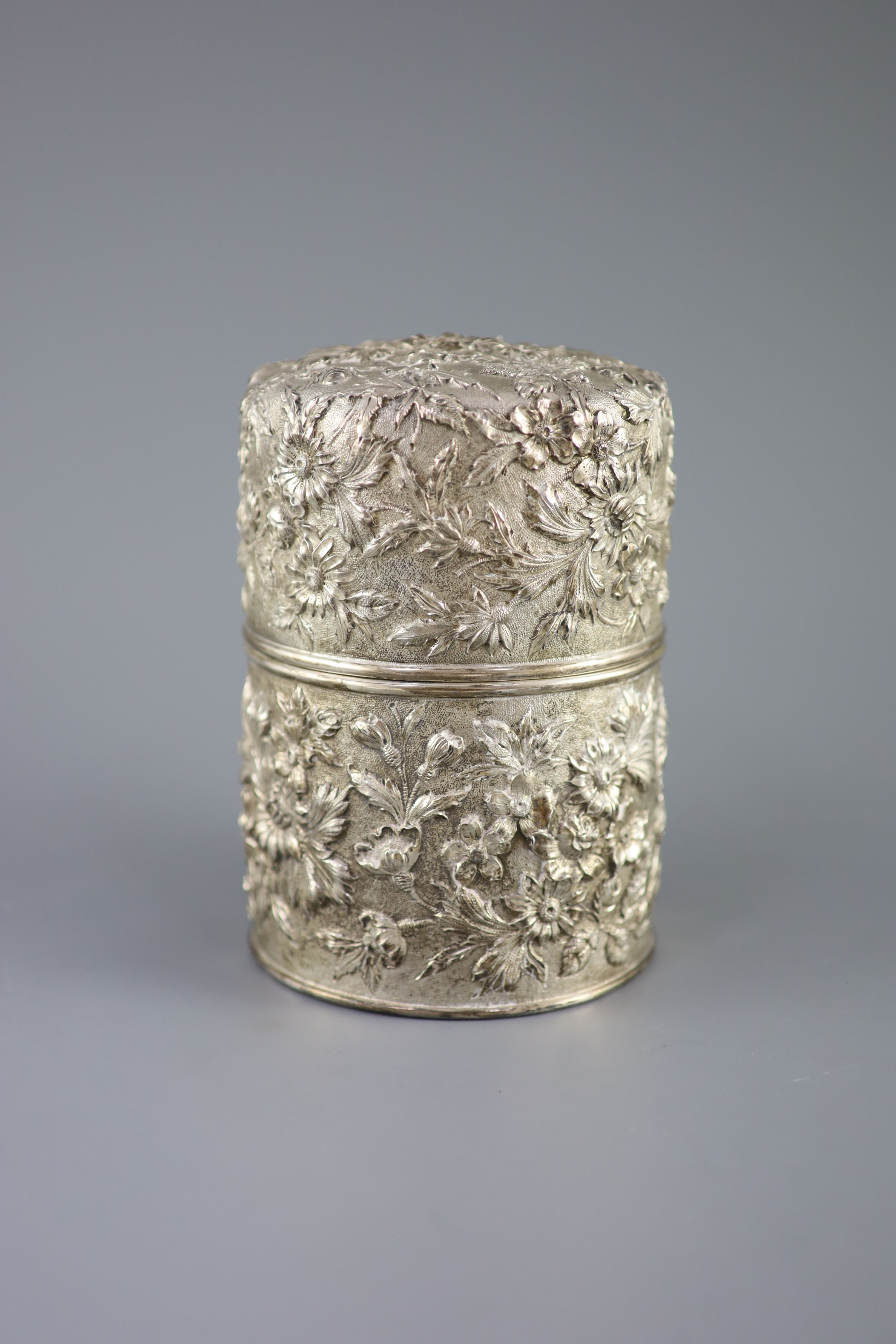 A cased late 19th/early 20th century American S.Kirk & Son Co. embossed sterling silver cylindrical scent canister